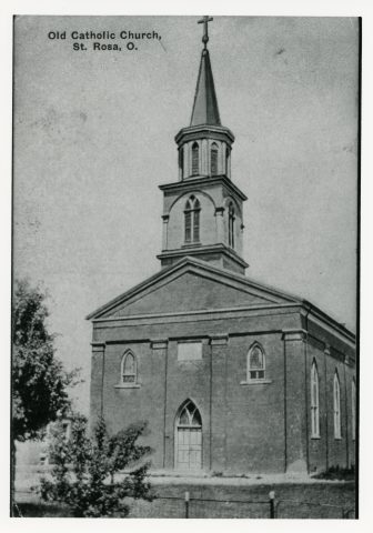 St. Rose Church, Ohio. Built in 1853. This is the second church in St. Rose. It stood behind the present church and faced west. The first church, made of logs, was built in 1844, and it stood across the street from the present one.