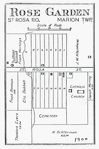 St Rose, Ohio village plat map. This plat map shows John W. Kleinhenz as owner of the property and across the highway from the St. Rose Church.